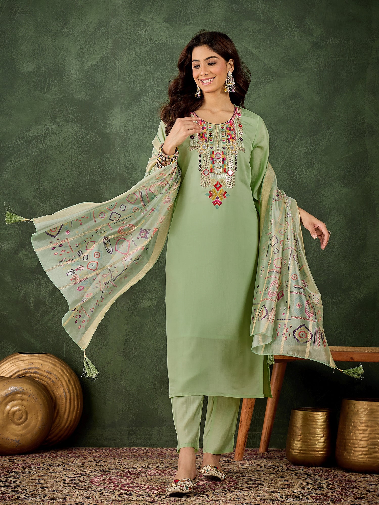 Vasant Women's Embroidered Sea Green Silk Blend Straight Suit Set with Dupatta
