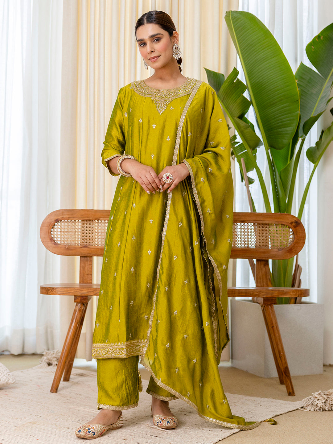 Lemon Silk Blend Embroidered with Sequins Anarkali Kurta Pant Dupatta Set