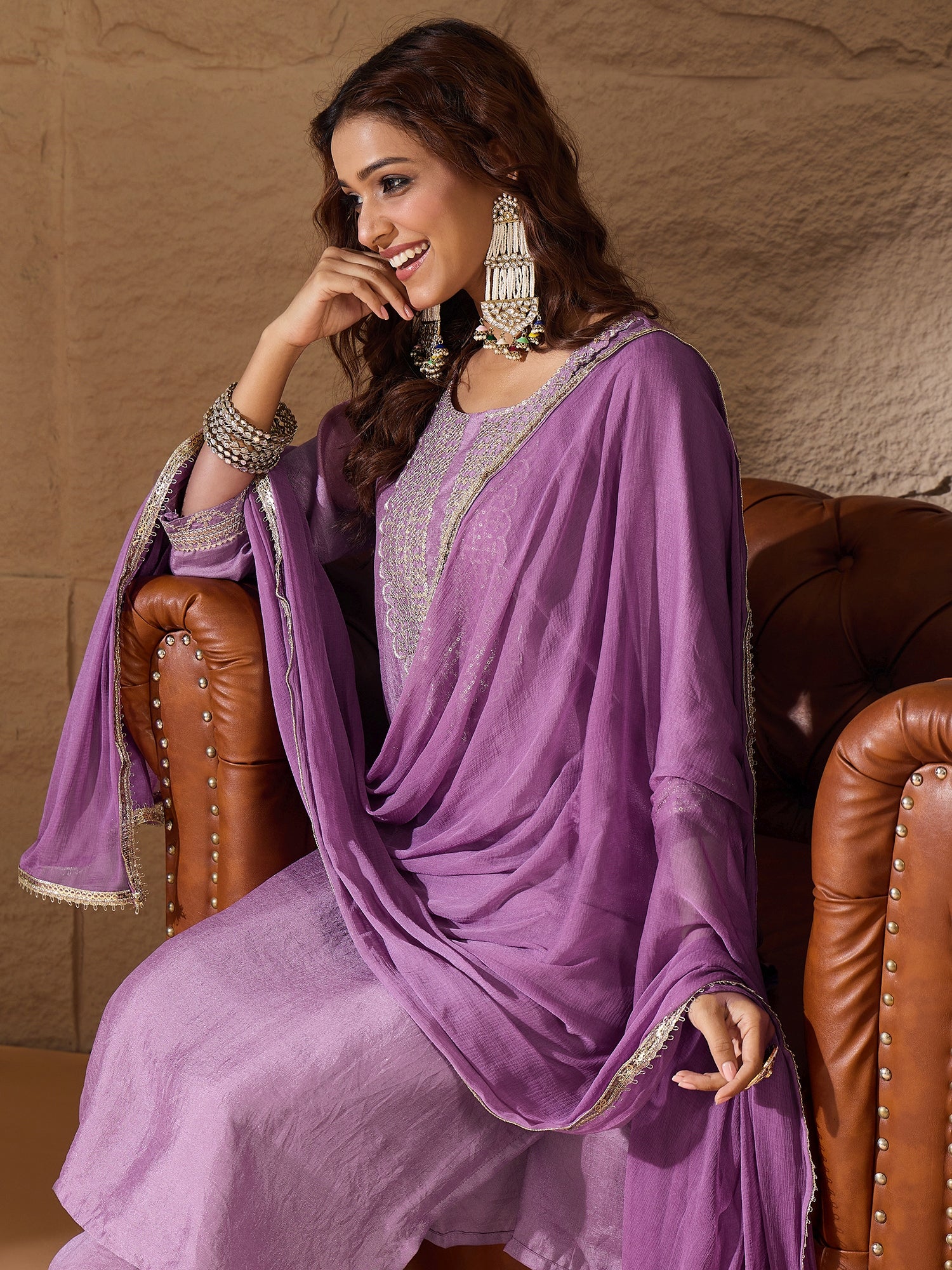 VredeVogel Lavender Silk Blend Yoke Design Kurta and Trousers Pant Set