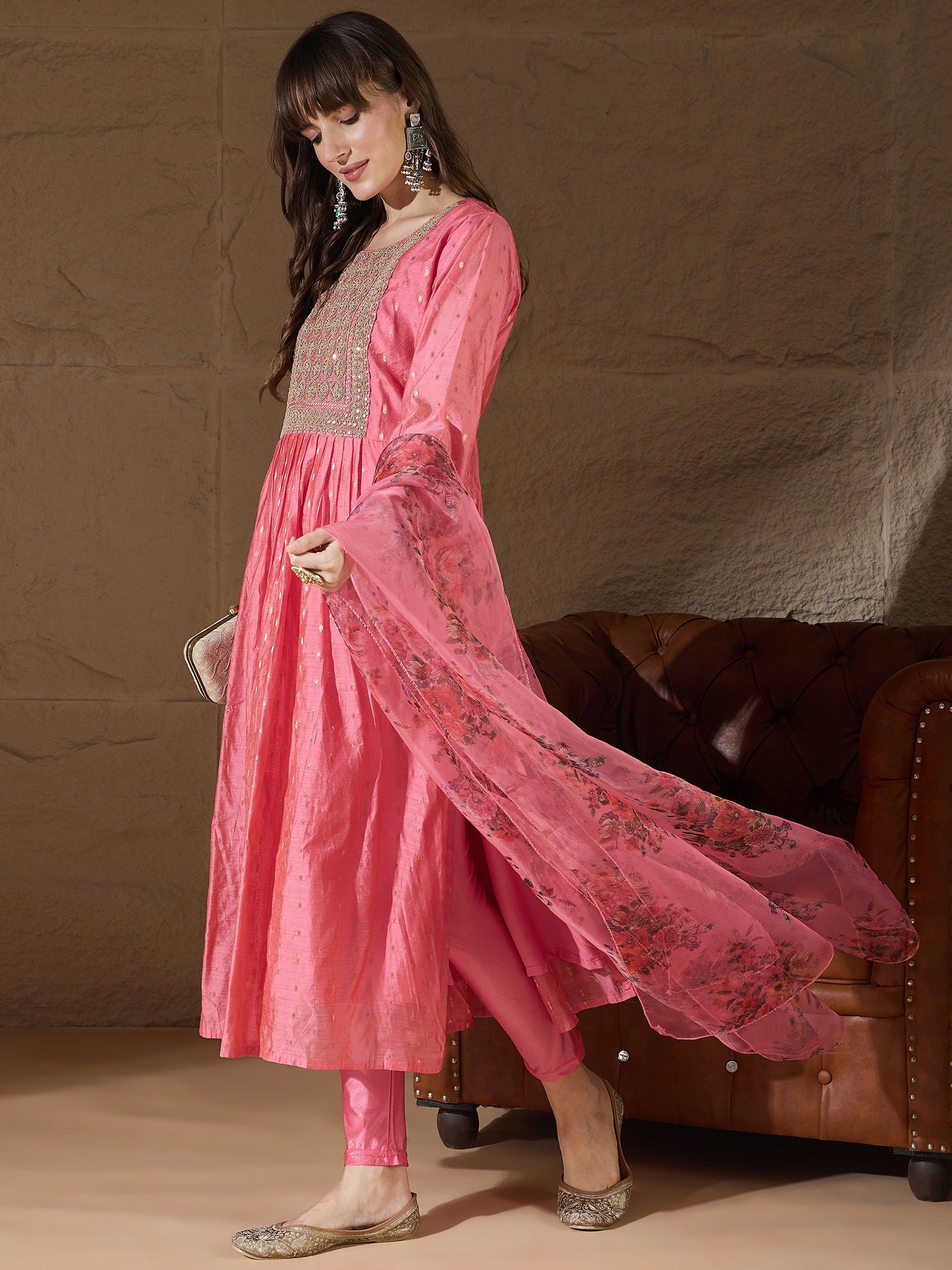 Rupika  Pink Women Kurta and Leggings Duppata Set Chanderi Modal Butti