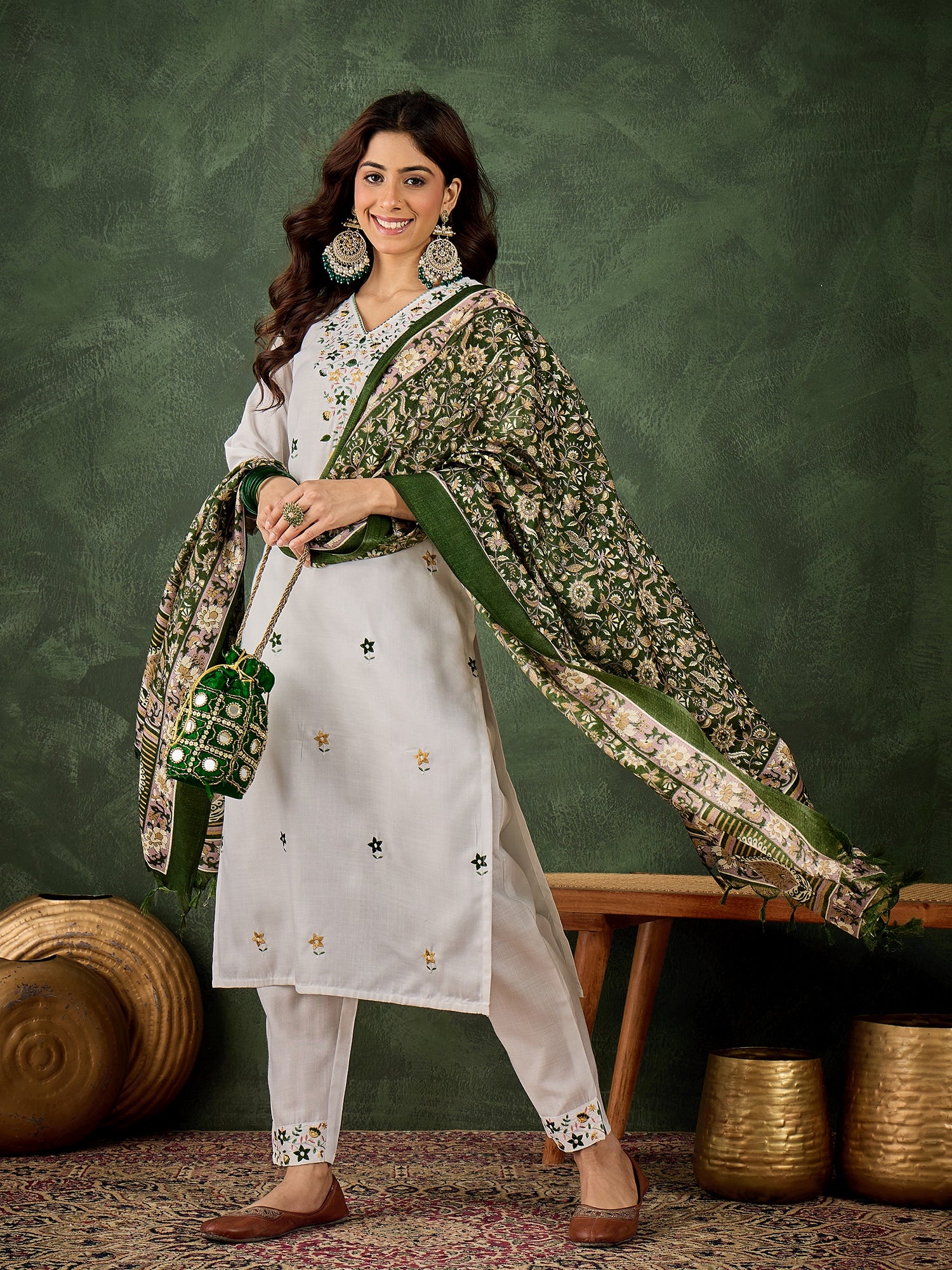 Sanskruta Women's Embroidered Cotton Kurta Pant Set with Dupatta