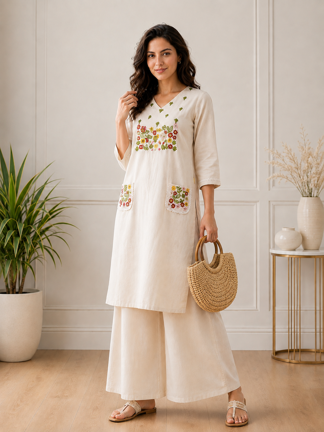Naina Women’s Off-White Floral Embroidered Kurta with Palazzo Pants