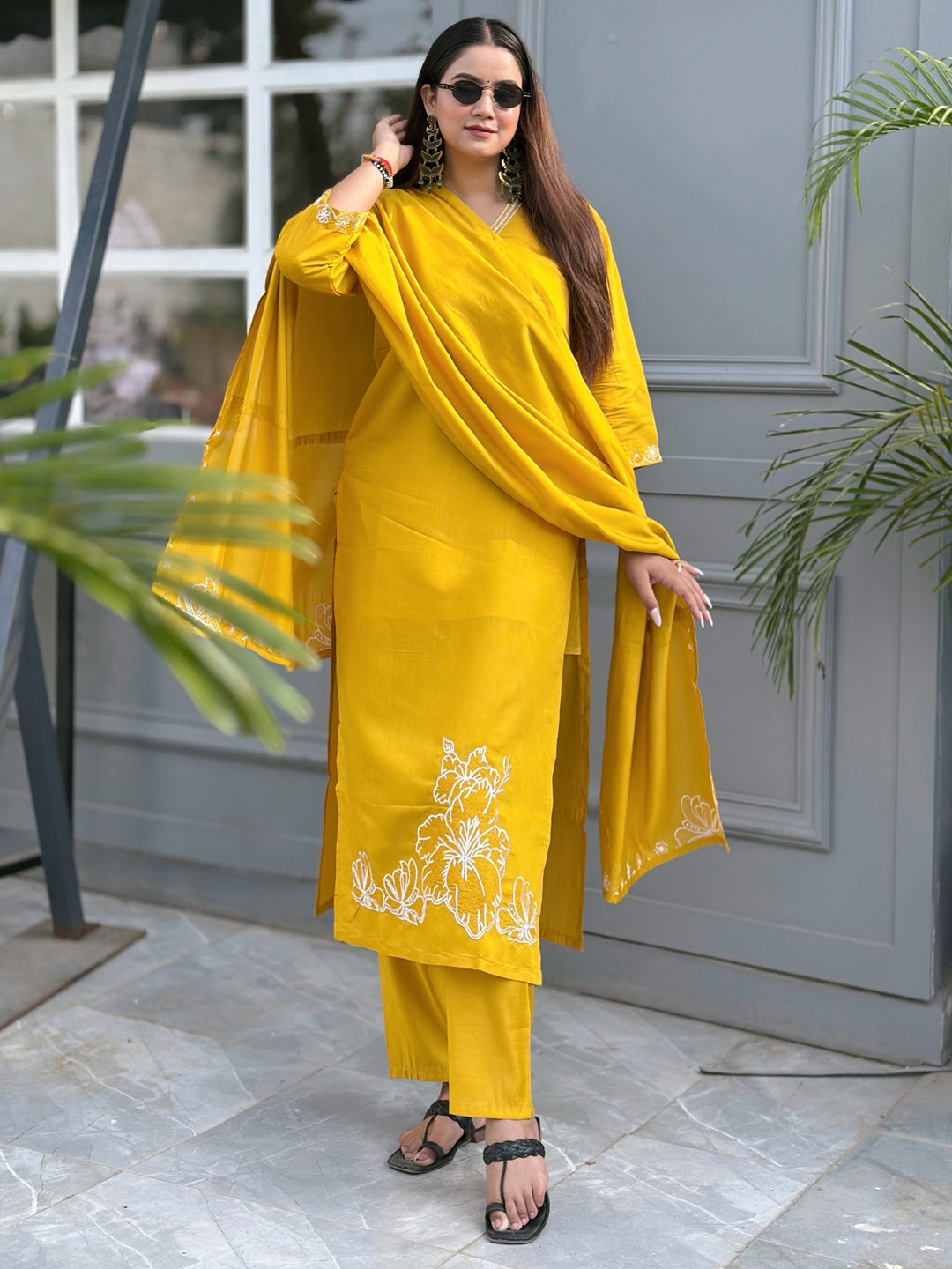 Neel Yellow Kurta and Pant Dupatta Sets Silk Blend Fabrics with Embroidery