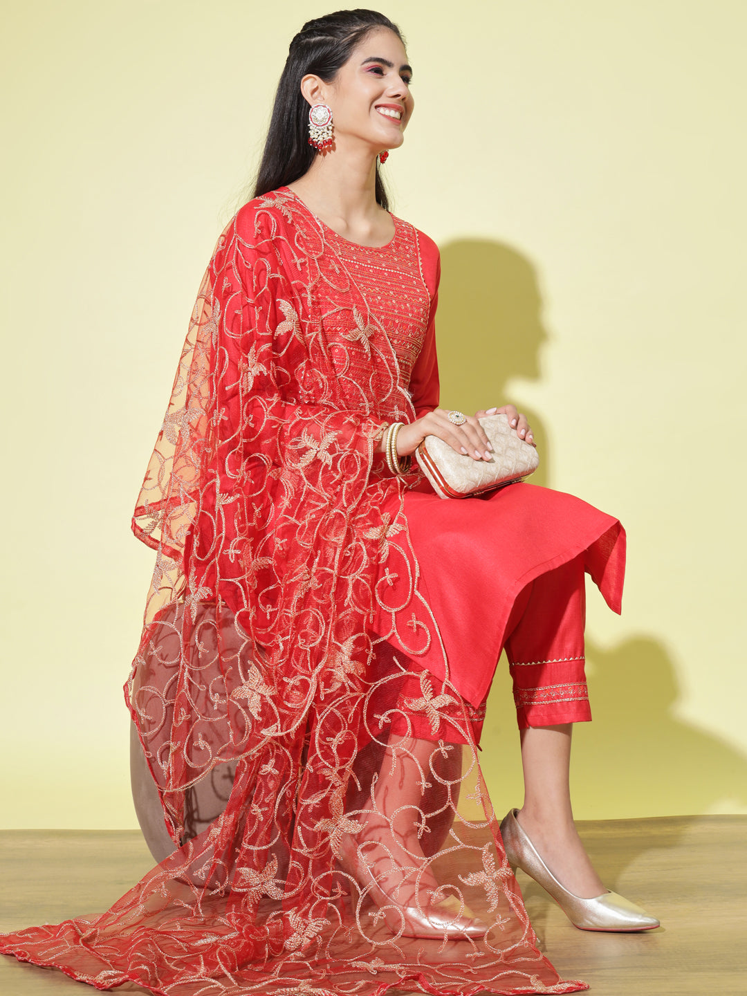 VredeVogel Embroidery Kurta Pant With Net Embroidery Dupatta
