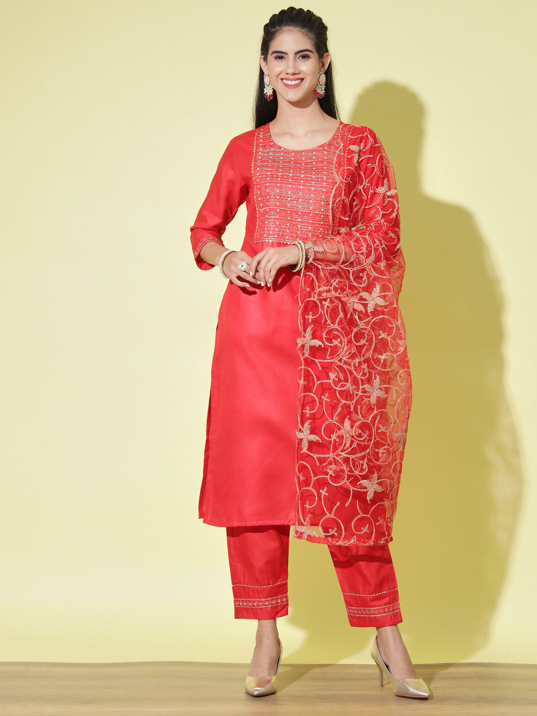 VredeVogel Embroidery Kurta Pant With Net Embroidery Dupatta