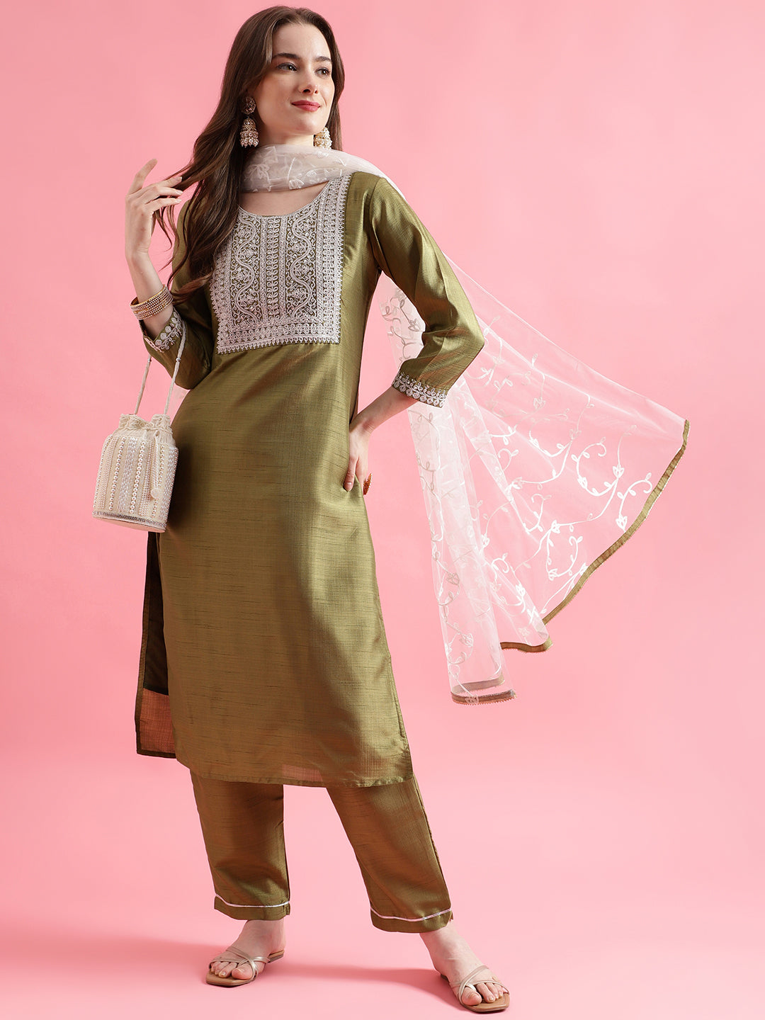 VredeVogel  Women Kurta and Trousers Pant Set Silk Blend