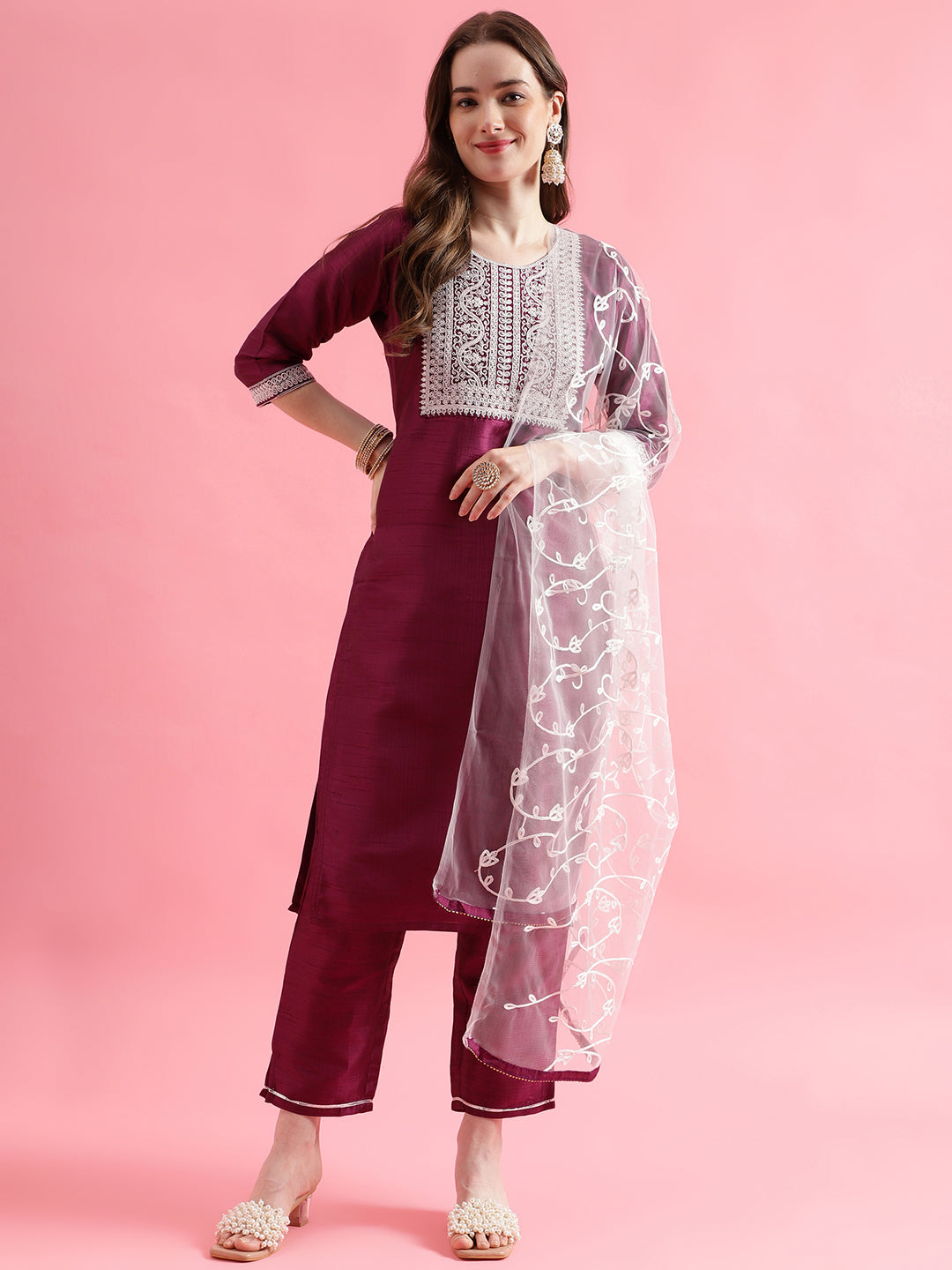 VredeVogel  Women Kurta and Trousers Pant Set Silk Blend