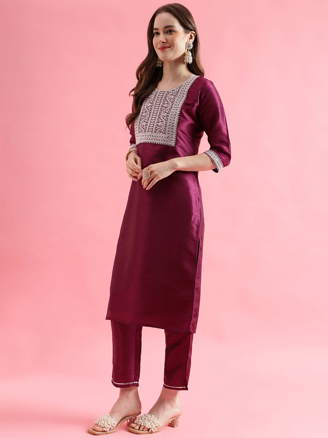 VredeVogel  Women Kurta and Trousers Pant Set Silk Blend