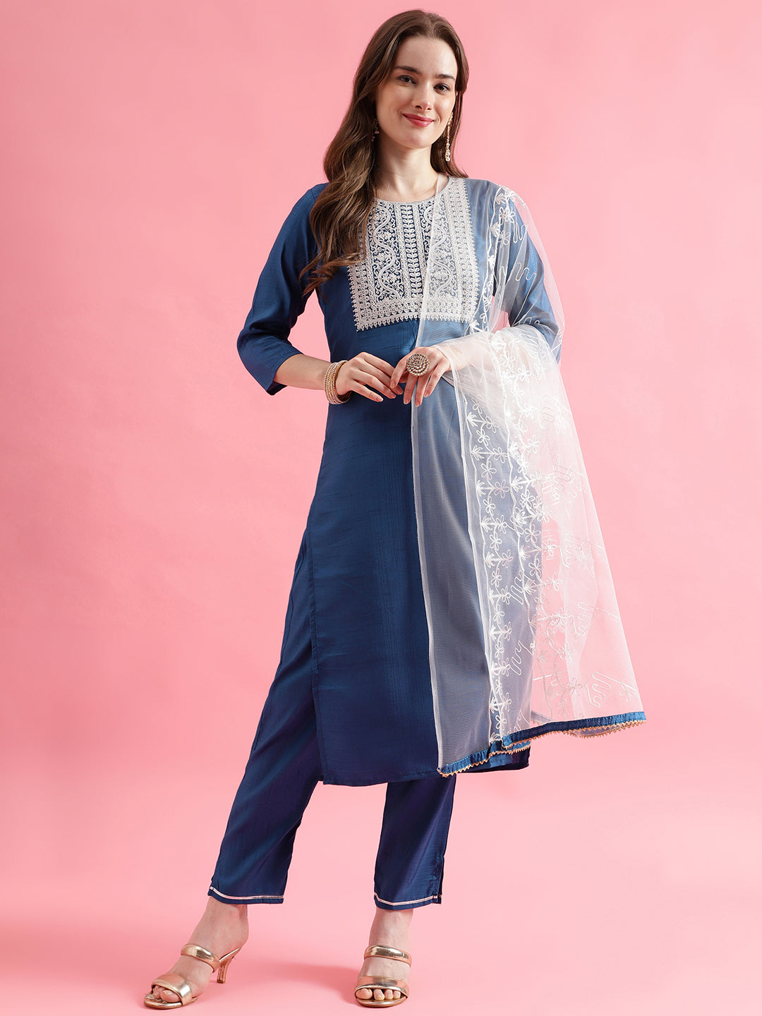 VredeVogel  Women Kurta and Trousers Pant Set Silk Blend