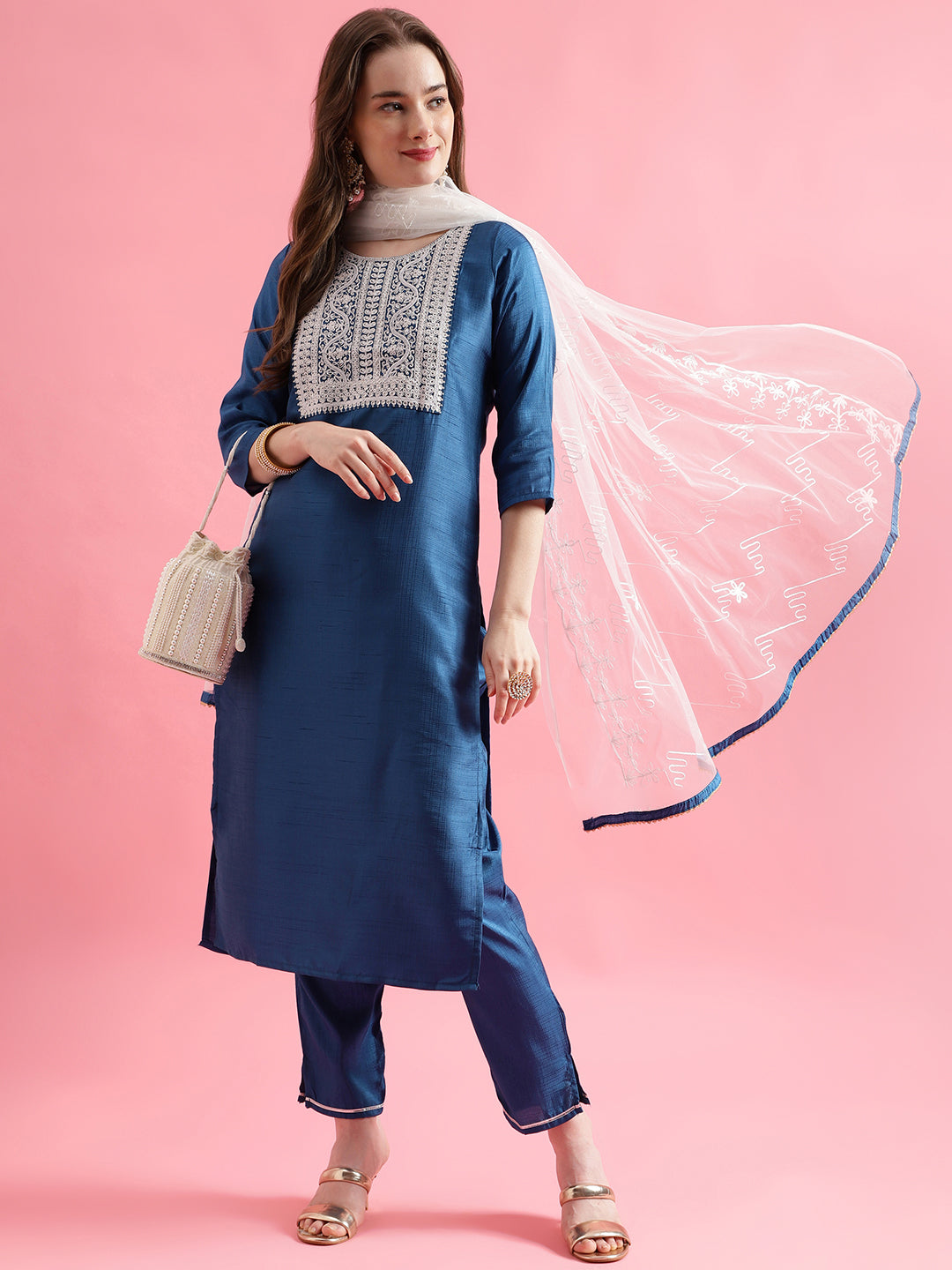 VredeVogel  Women Kurta and Trousers Pant Set Silk Blend