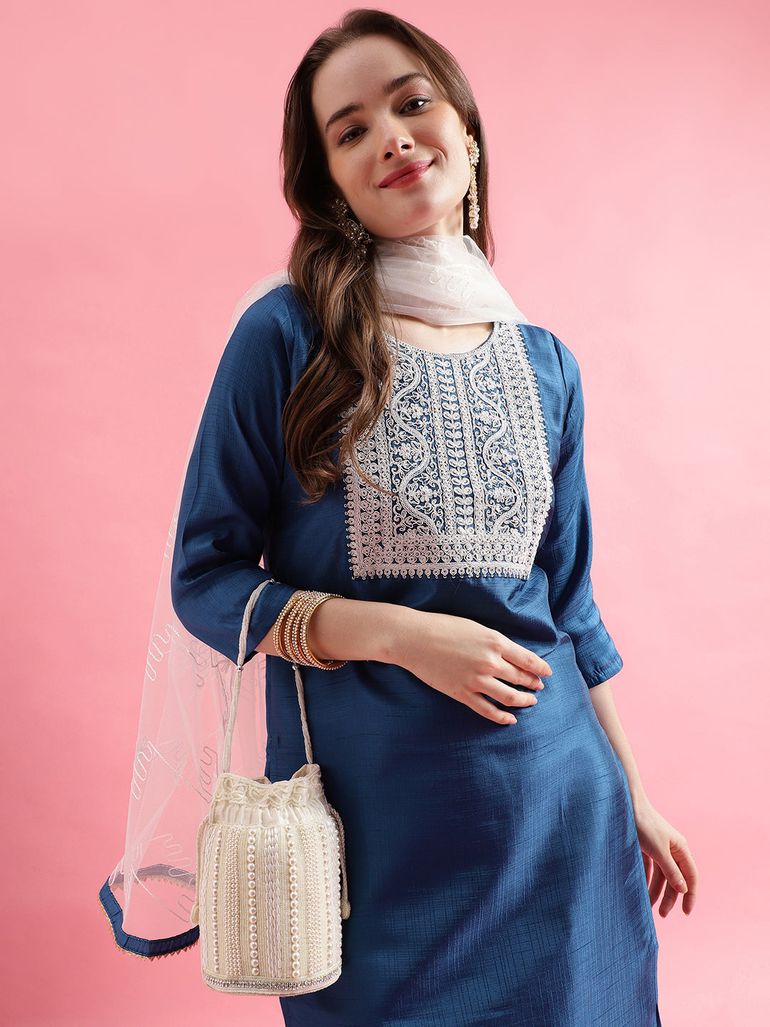 VredeVogel  Women Kurta and Trousers Pant Set Silk Blend
