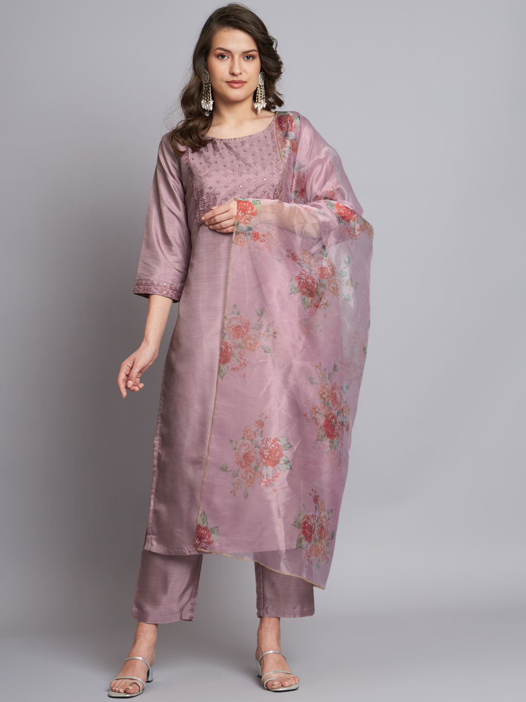 Sea Green Women Silk Blend Embroidered Straight Kurta Set with Trousers & Dupatta