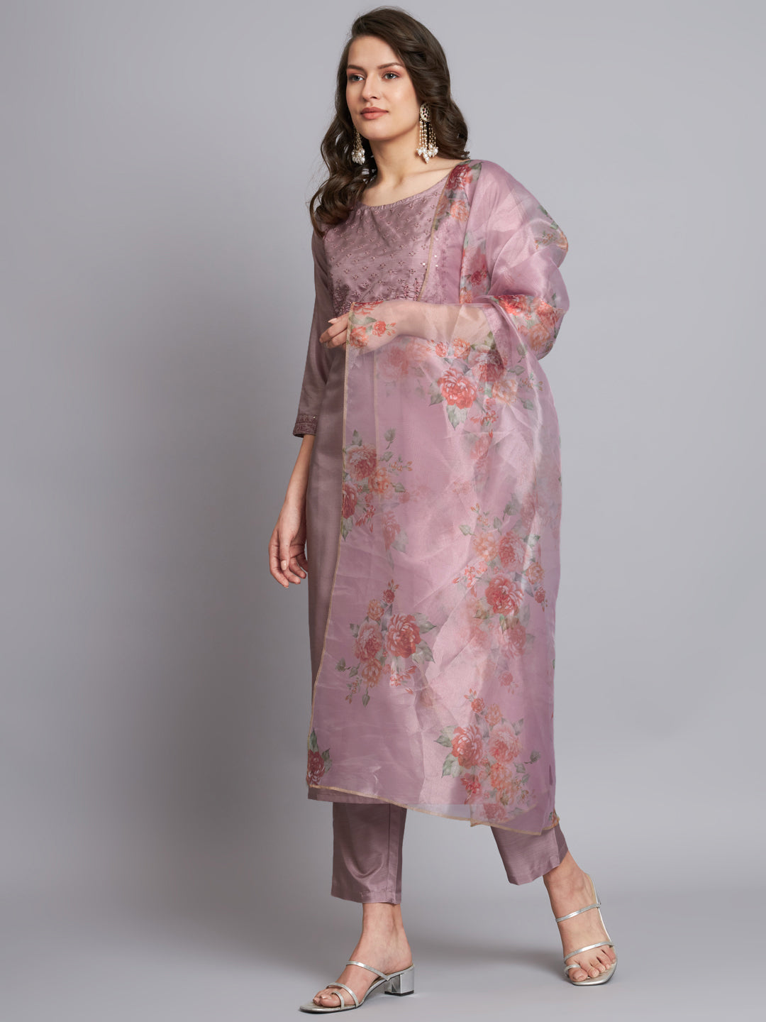 Sea Green Women Silk Blend Embroidered Straight Kurta Set with Trousers & Dupatta