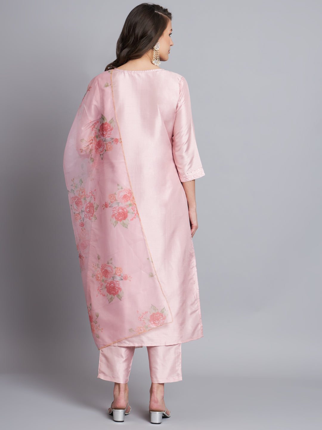 Sea Green Women Silk Blend Embroidered Straight Kurta Set with Trousers & Dupatta