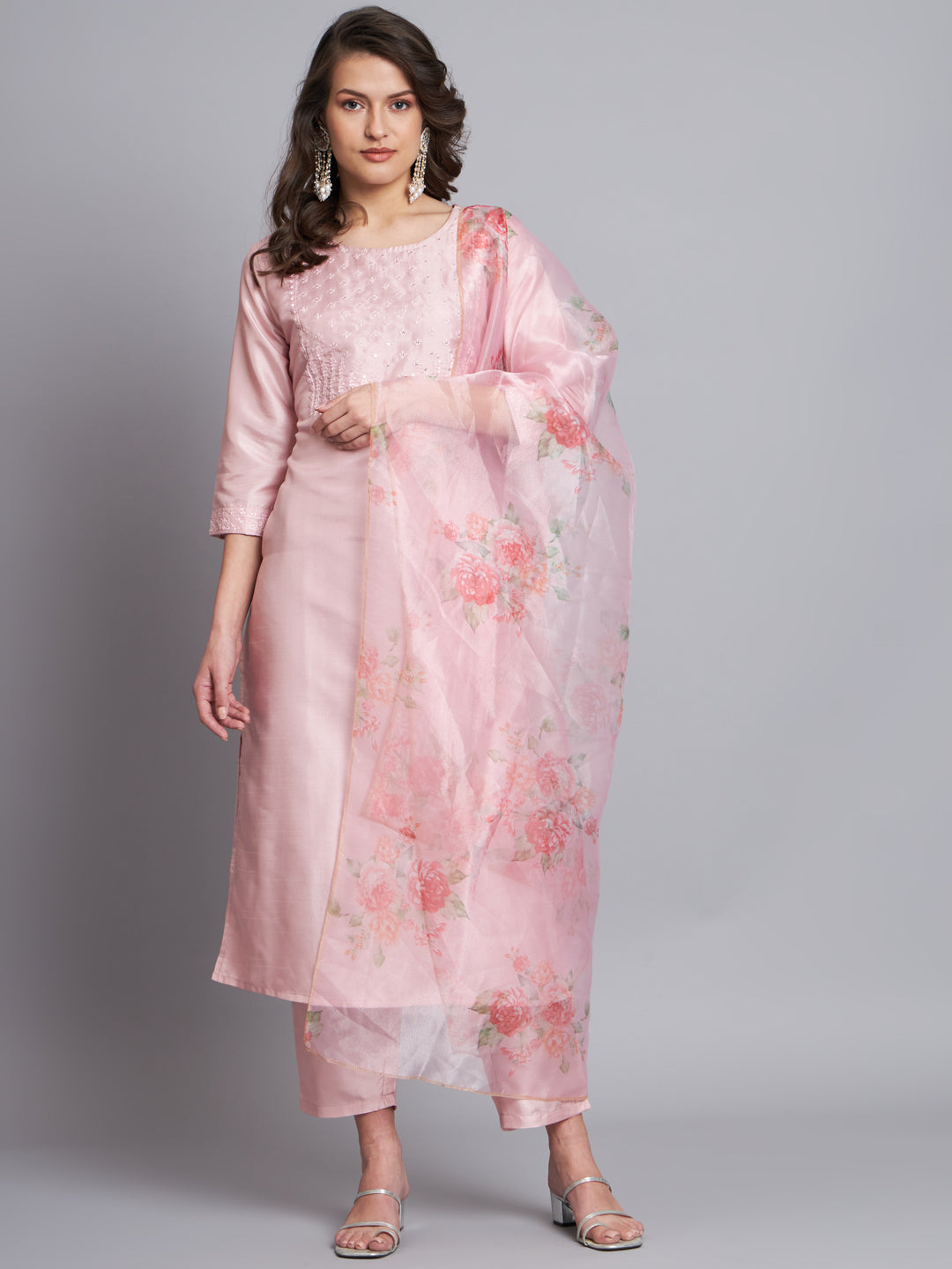 Sea Green Women Silk Blend Embroidered Straight Kurta Set with Trousers & Dupatta