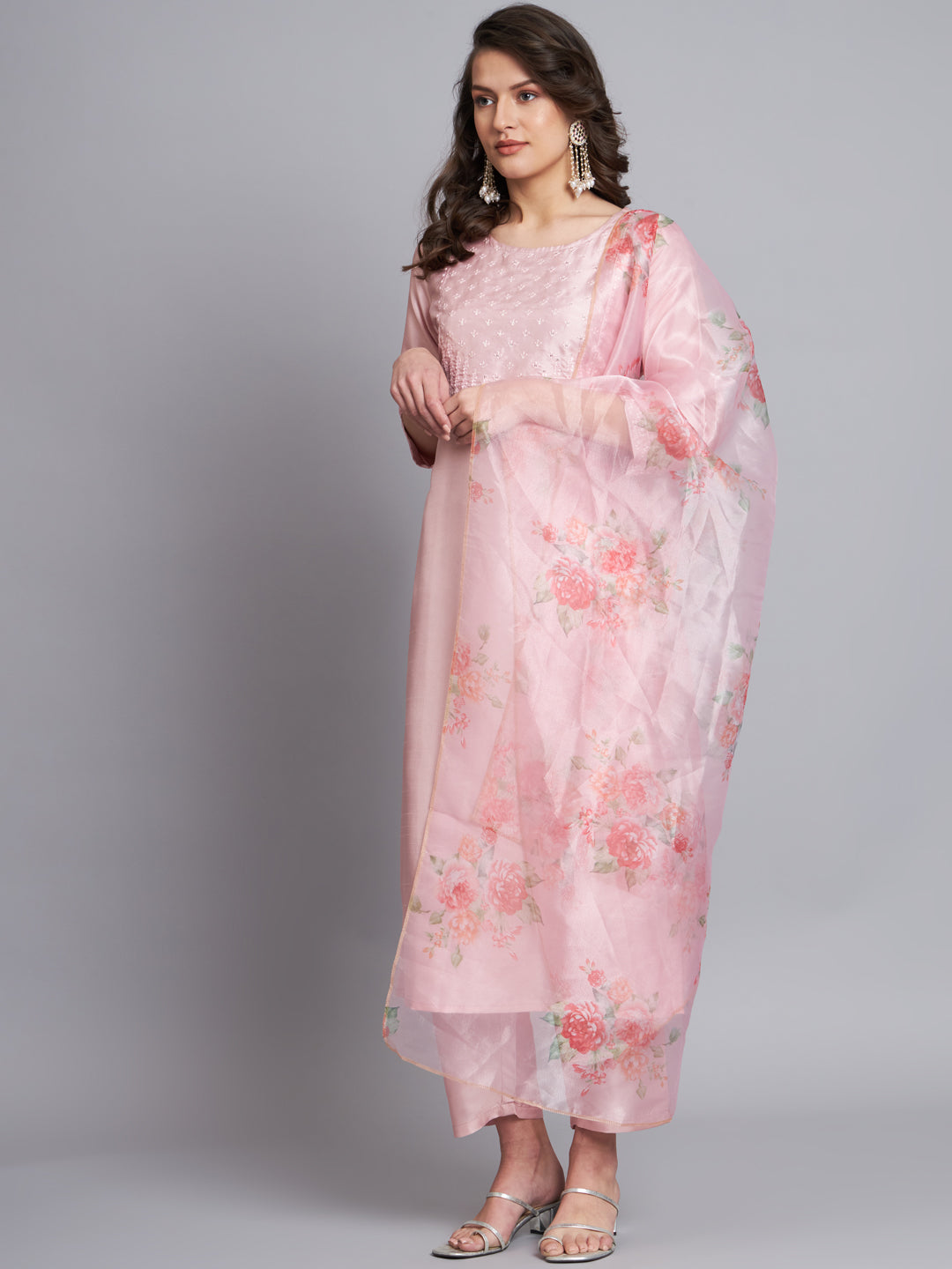 Sea Green Women Silk Blend Embroidered Straight Kurta Set with Trousers & Dupatta