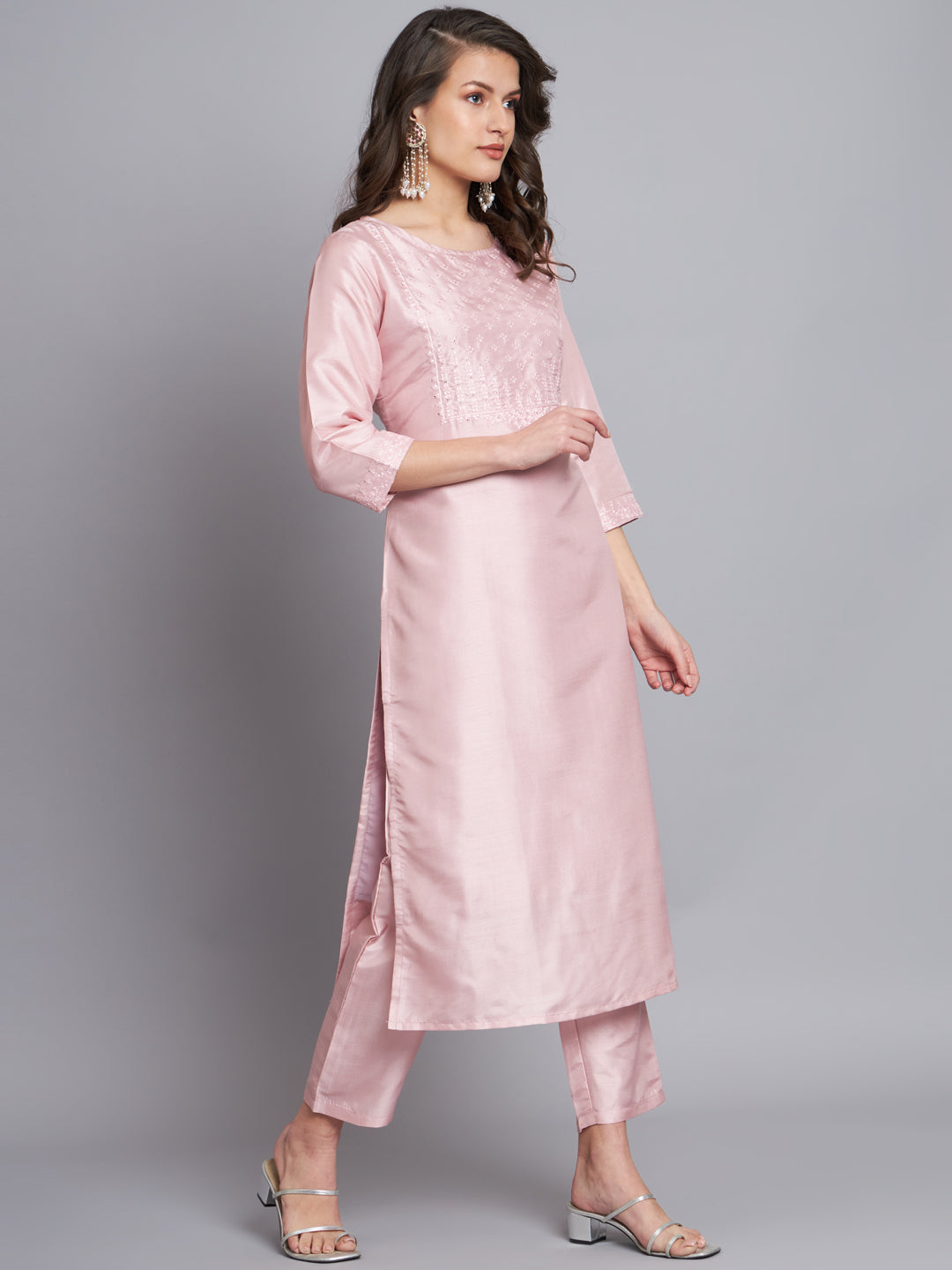 Sea Green Women Silk Blend Embroidered Straight Kurta Set with Trousers & Dupatta