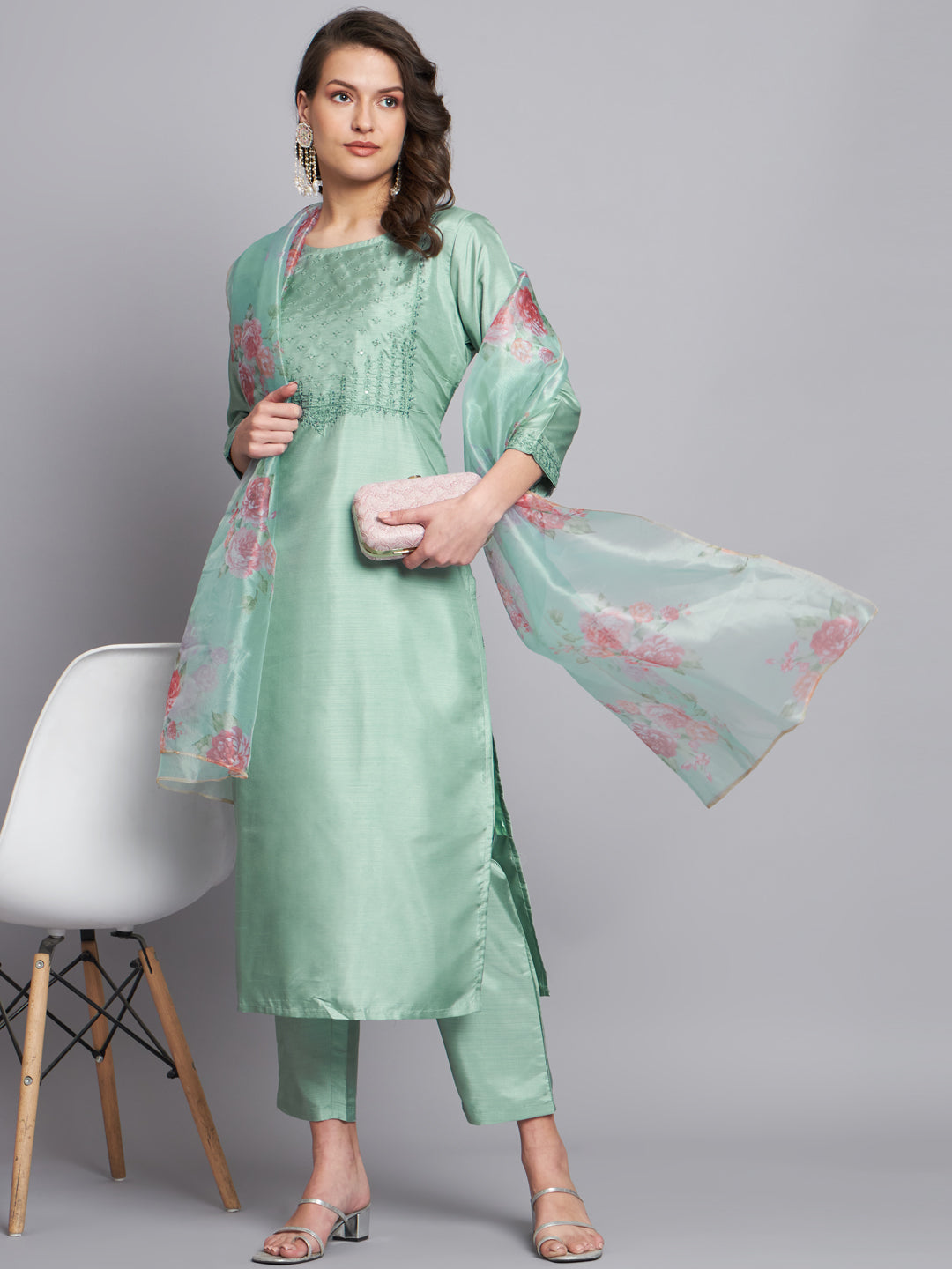 Sea Green Women Silk Blend Embroidered Straight Kurta Set with Trousers & Dupatta