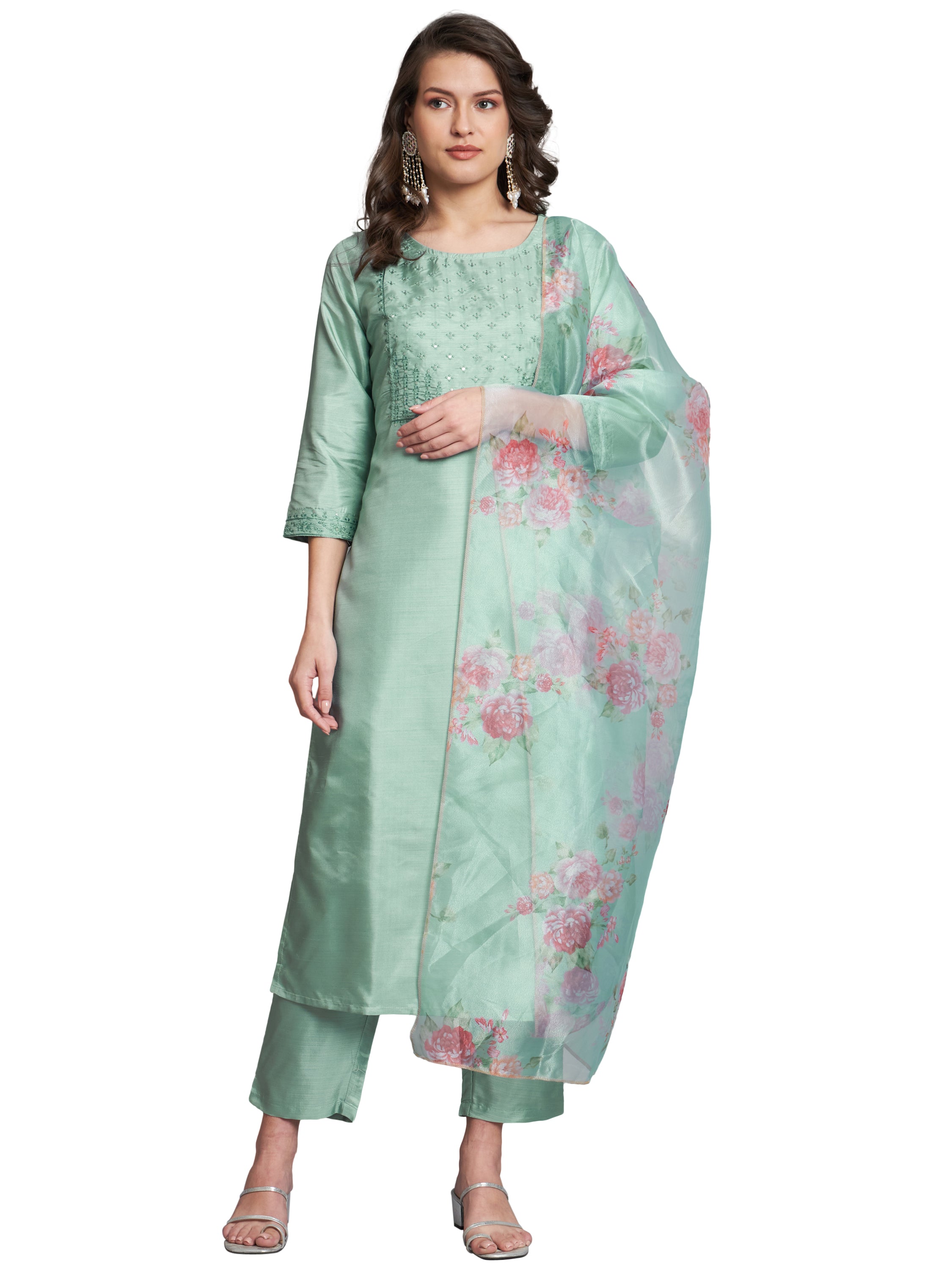 Sea Green Women Silk Blend Embroidered Straight Kurta Set with Trousers & Dupatta
