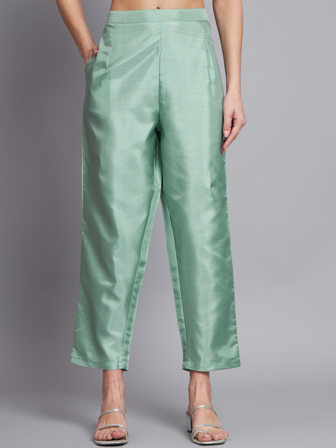 Sea Green Women Silk Blend Embroidered Straight Kurta Set with Trousers & Dupatta