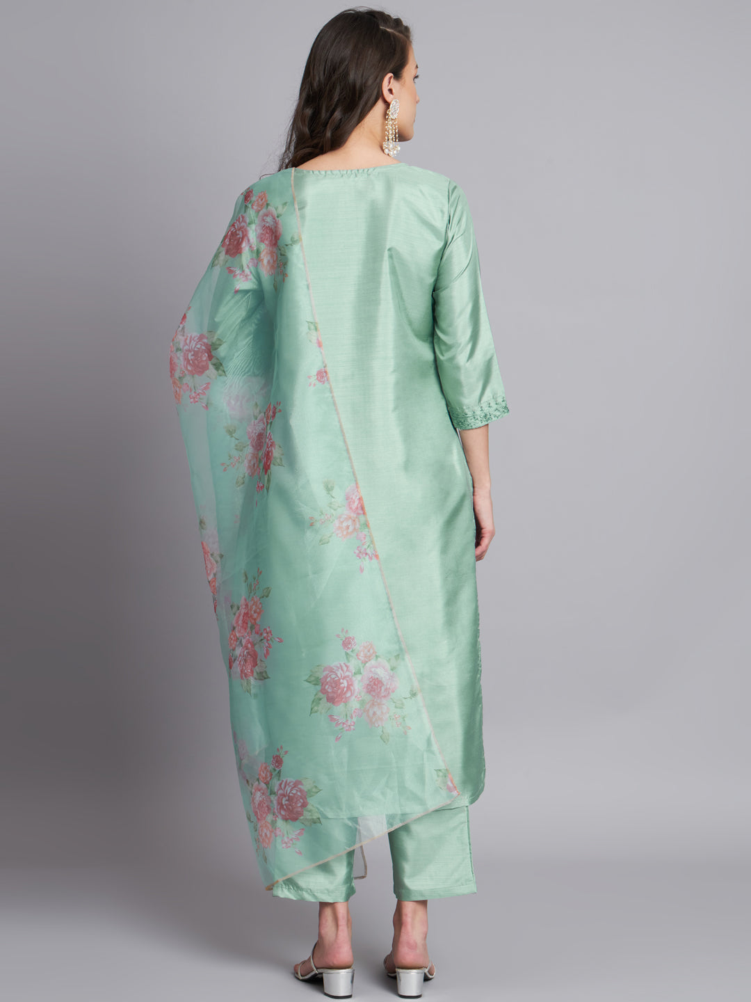 Sea Green Women Silk Blend Embroidered Straight Kurta Set with Trousers & Dupatta