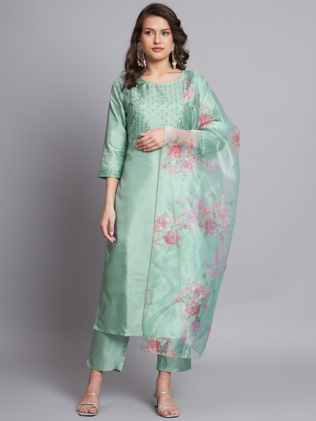 Sea Green Women Silk Blend Embroidered Straight Kurta Set with Trousers & Dupatta
