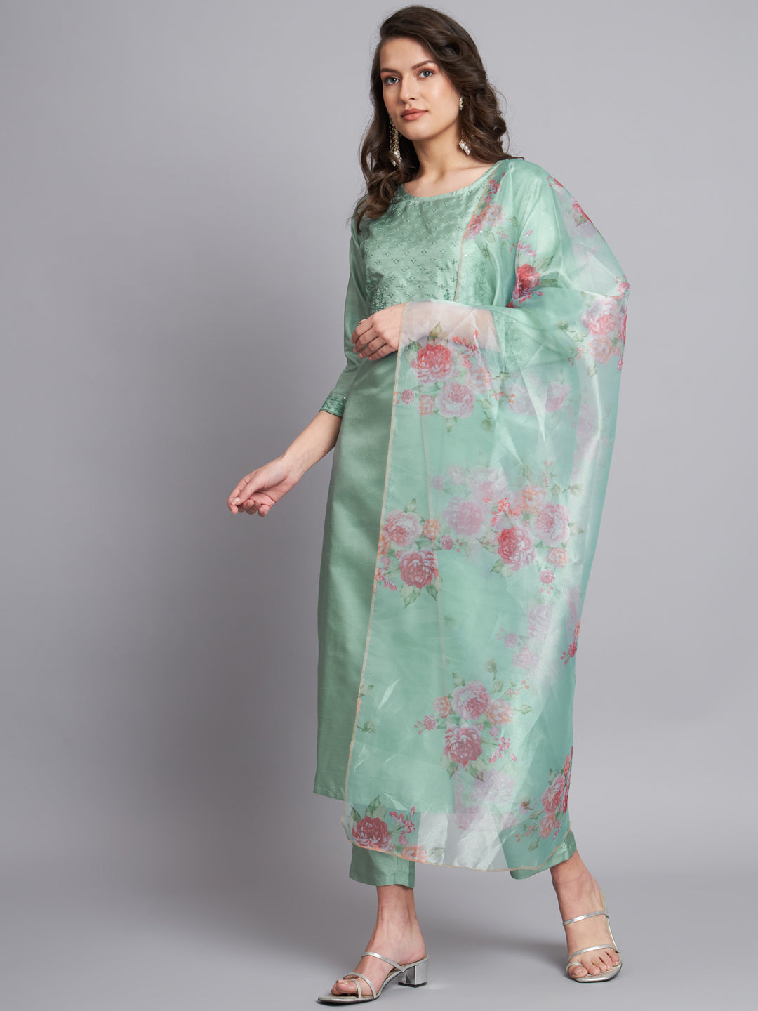 Sea Green Women Silk Blend Embroidered Straight Kurta Set with Trousers & Dupatta