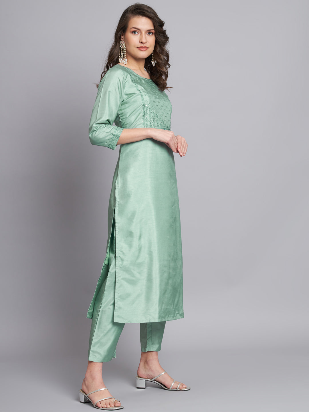 Sea Green Women Silk Blend Embroidered Straight Kurta Set with Trousers & Dupatta