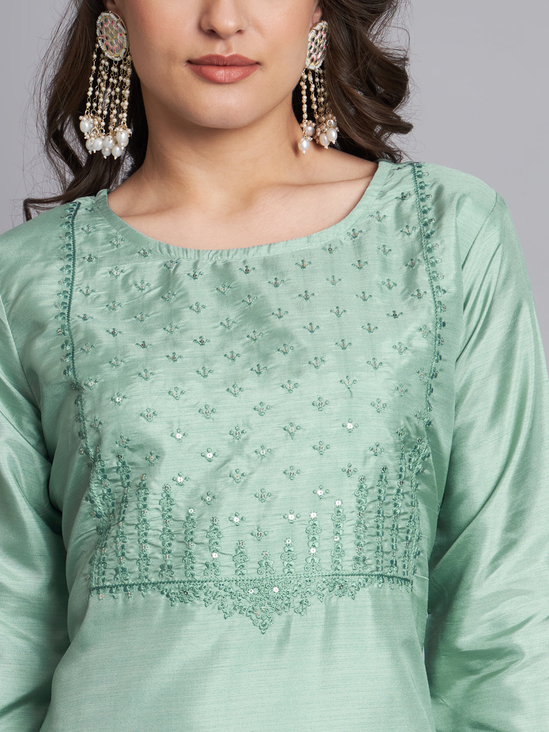 Sea Green Women Silk Blend Embroidered Straight Kurta Set with Trousers & Dupatta