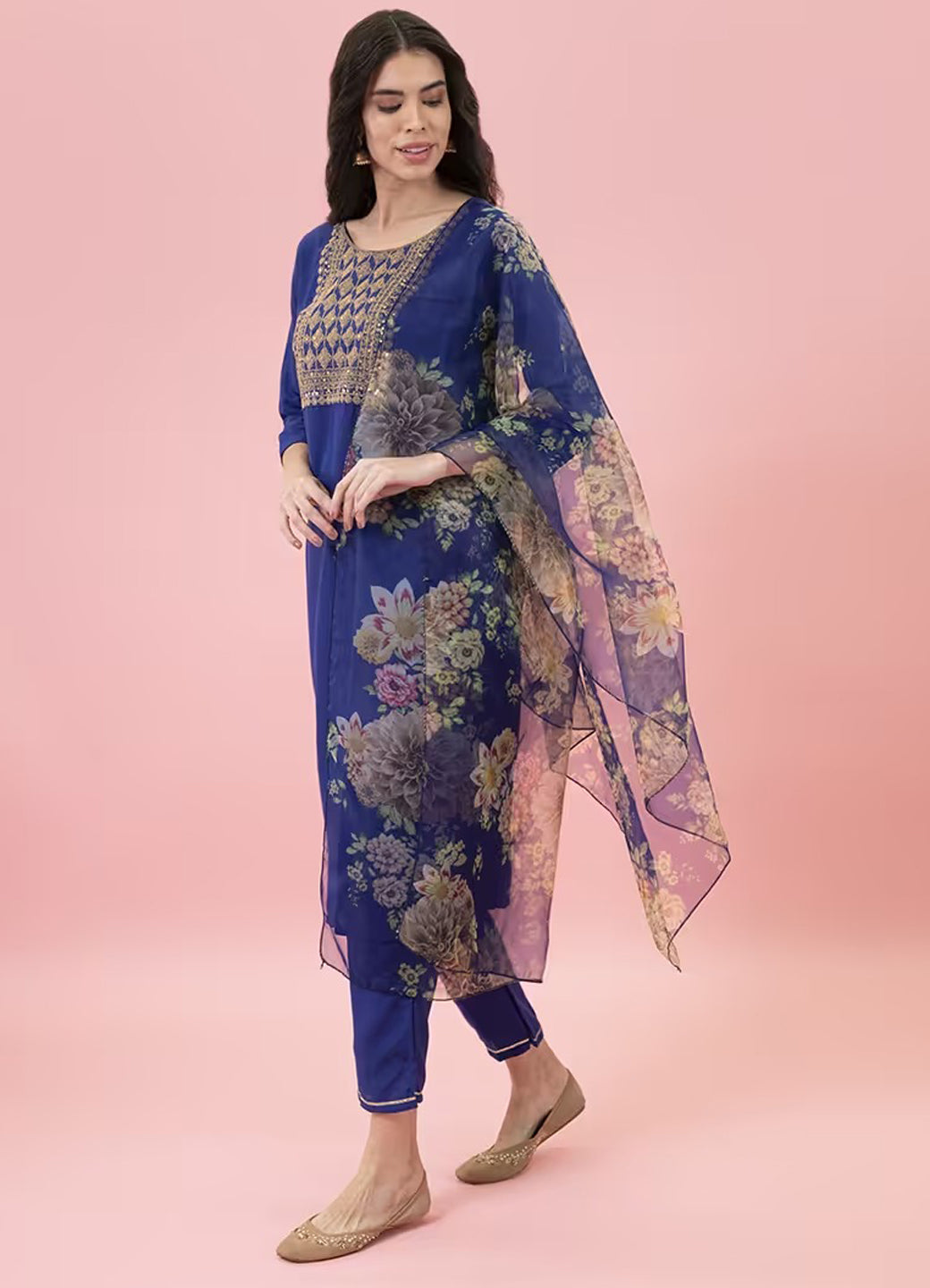 Gulnaar Blue Silk Blend Women’s Kurta & Trousers Set with Organza Dupatta – Elegant Ready to Wear Ethnic Outfit