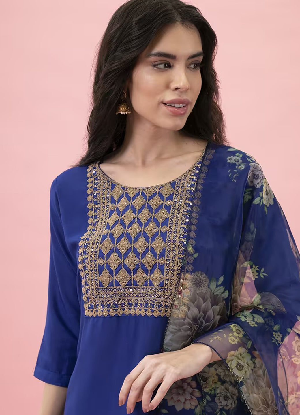 Gulnaar Blue Silk Blend Women’s Kurta & Trousers Set with Organza Dupatta – Elegant Ready to Wear Ethnic Outfit