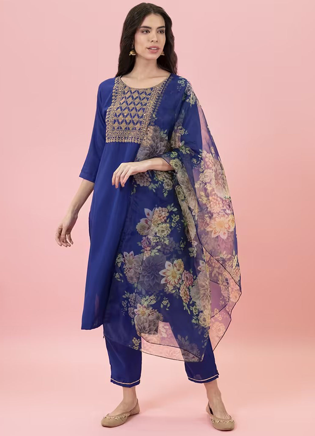 Gulnaar Blue Silk Blend Women’s Kurta & Trousers Set with Organza Dupatta – Elegant Ready to Wear Ethnic Outfit