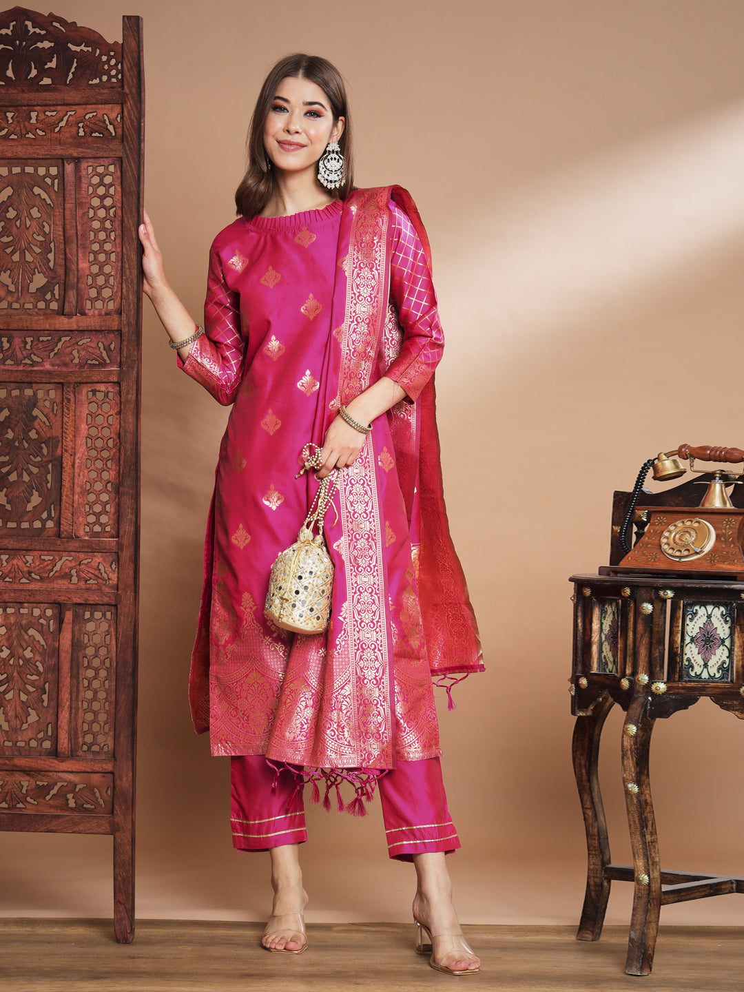 VredeVogel Cotton Silk Kurta and Pant Set with Banarasi Silk Dupatta