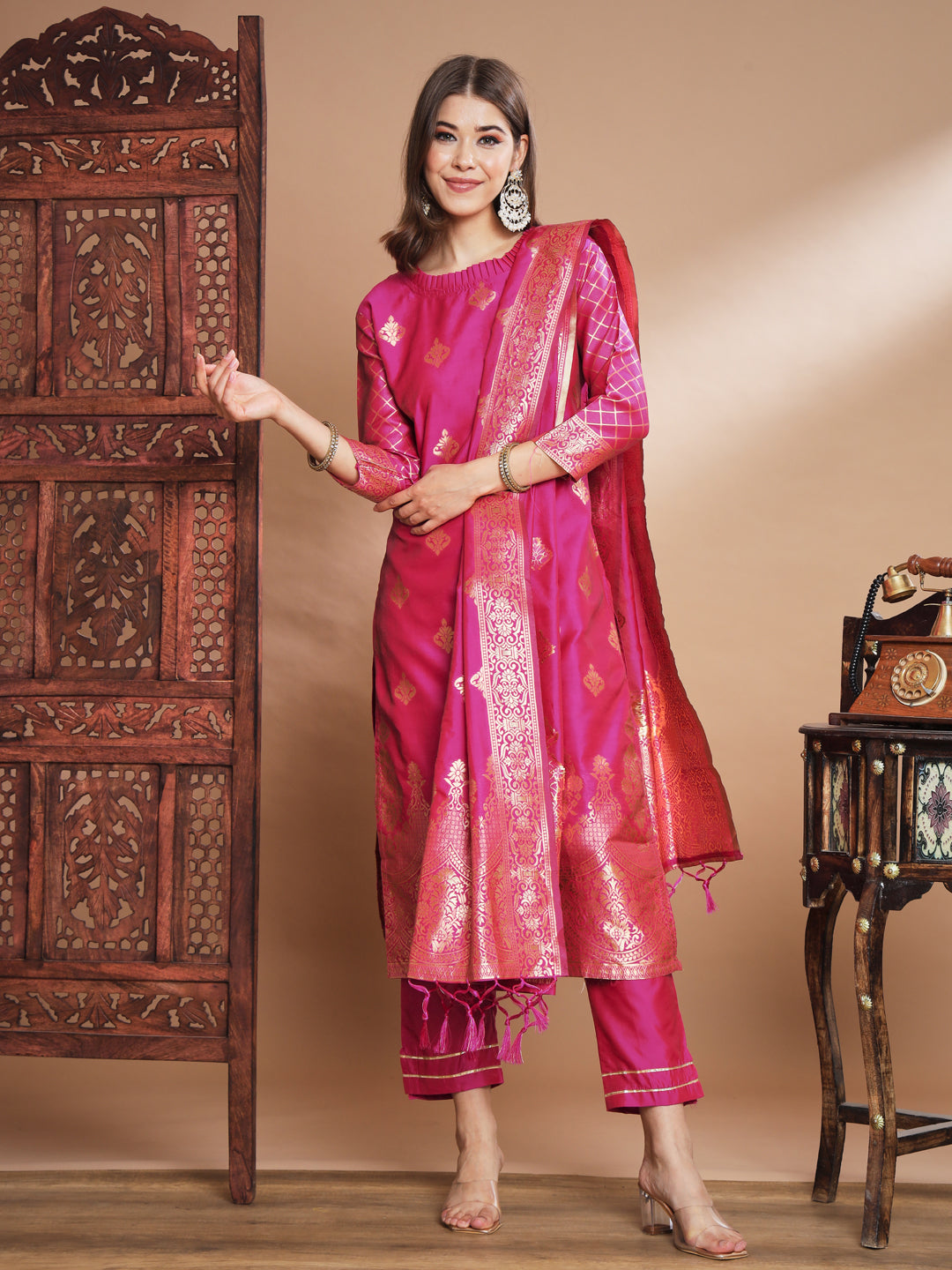 VredeVogel Cotton Silk Kurta and Pant Set with Banarasi Silk Dupatta