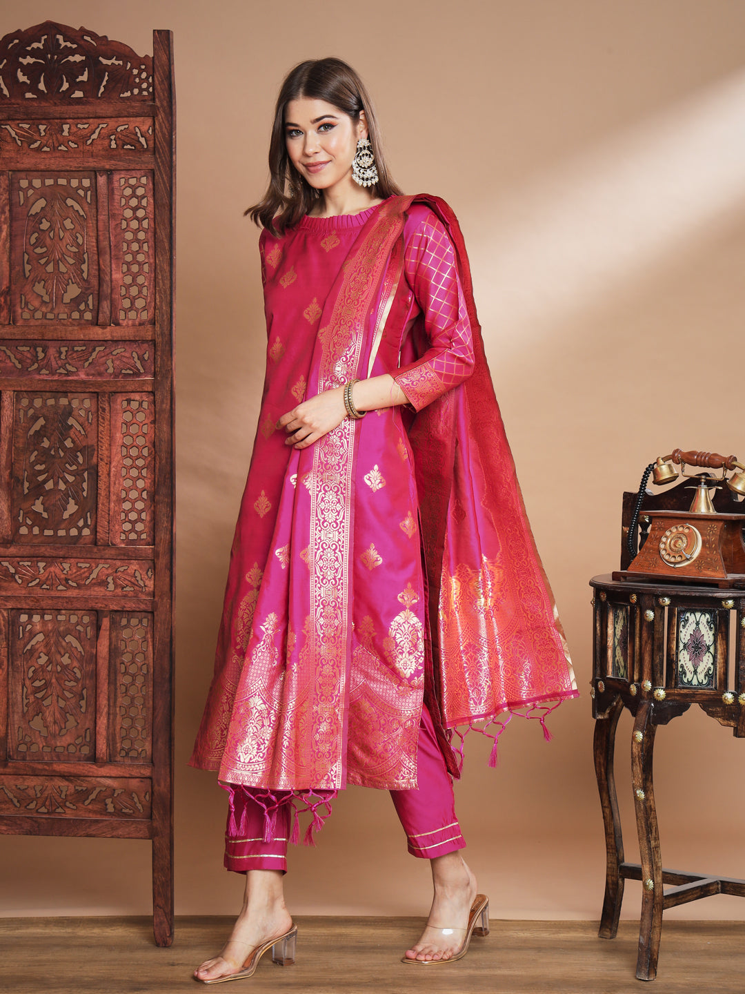 VredeVogel Cotton Silk Kurta and Pant Set with Banarasi Silk Dupatta