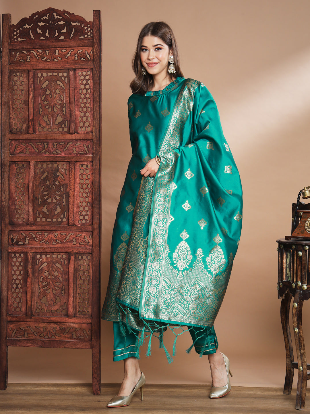 VredeVogel Cotton Silk Kurta and Pant Set with Banarasi Silk Dupatta