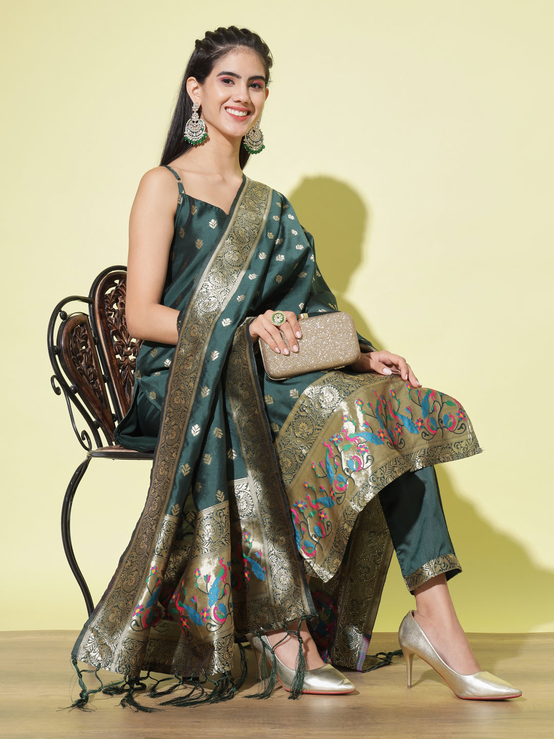 VredeVogel Ethnic Kurta with Trousers & Dupatta Set, Banarasi Silk Jacquard