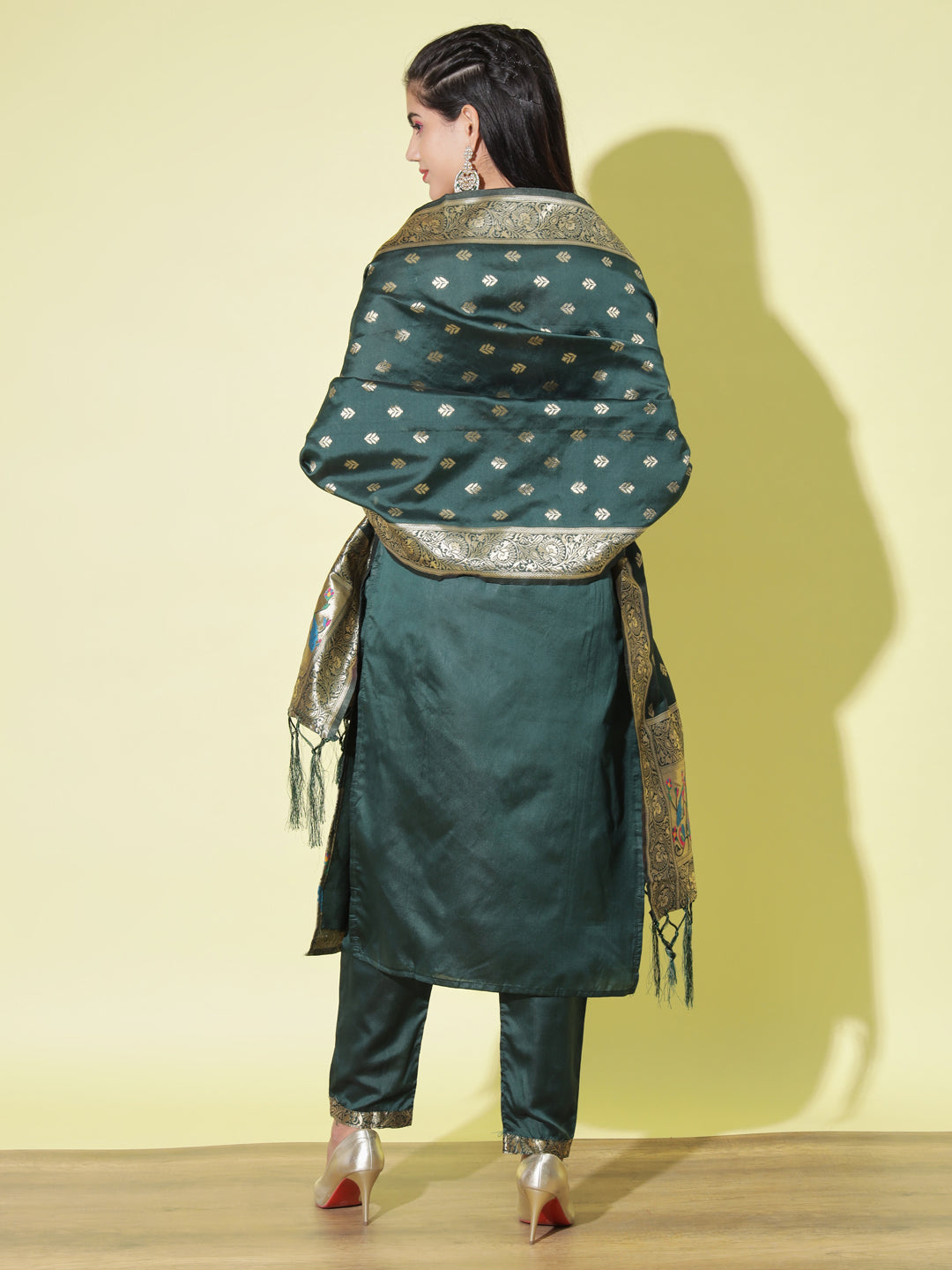 VredeVogel Ethnic Kurta with Trousers & Dupatta Set, Banarasi Silk Jacquard