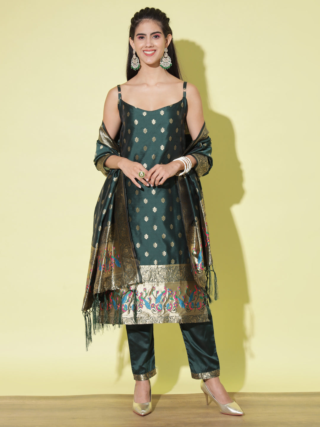 VredeVogel Ethnic Kurta with Trousers & Dupatta Set, Banarasi Silk Jacquard