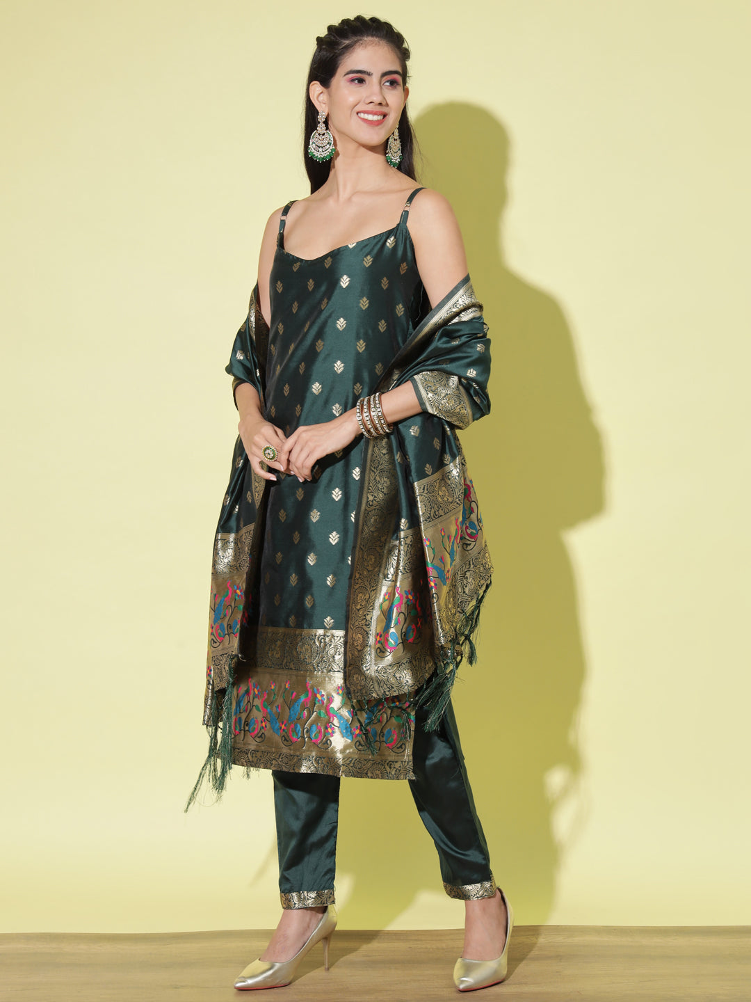 Women Ethnic Kurta with Trousers & Dupatta Set, Banarasi Silk Jacquard