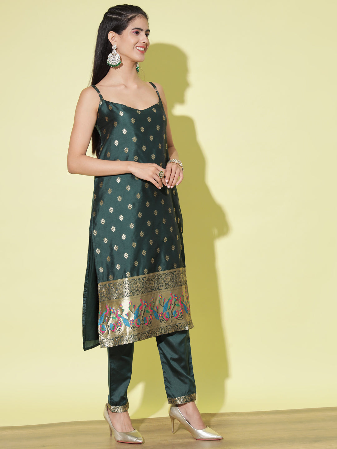 VredeVogel Ethnic Kurta with Trousers & Dupatta Set, Banarasi Silk Jacquard