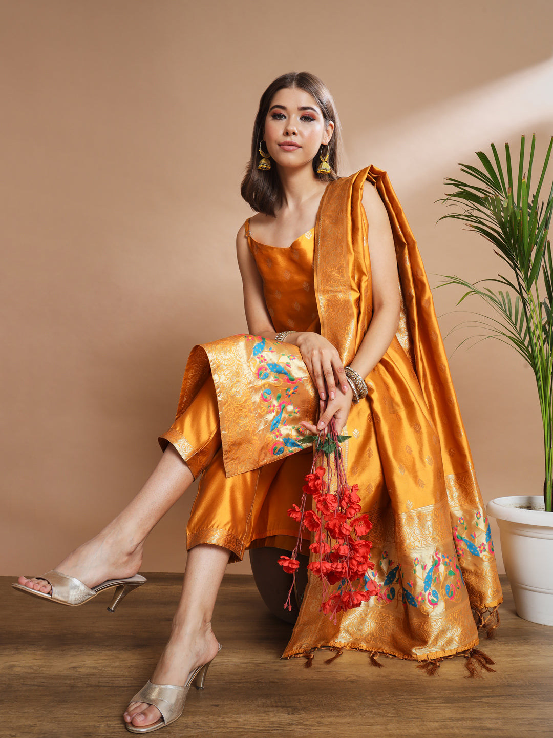 VredeVogel Ethnic Kurta with Trousers & Dupatta Set, Banarasi Silk Jacquard
