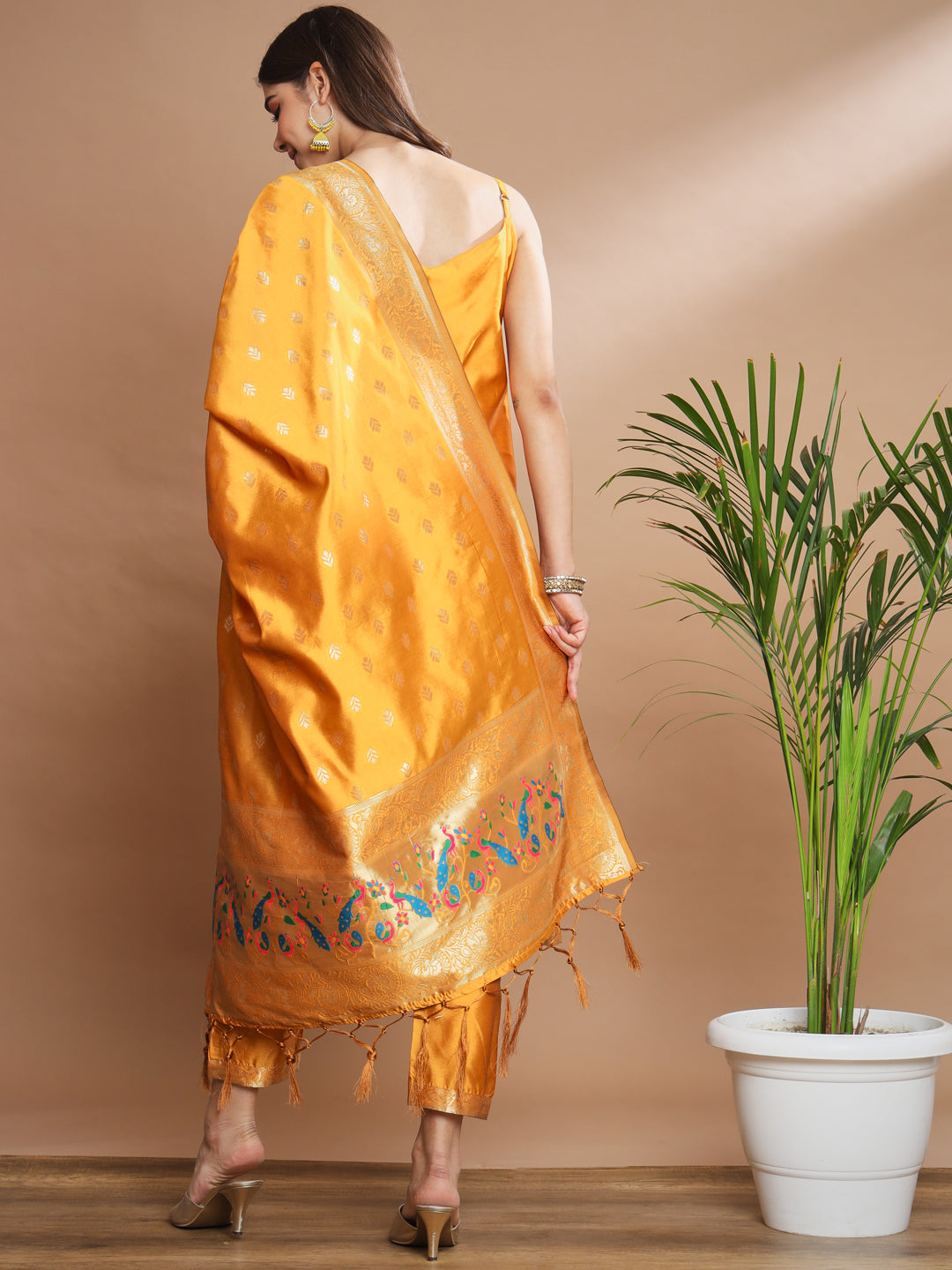 VredeVogel Ethnic Kurta with Trousers & Dupatta Set, Banarasi Silk Jacquard