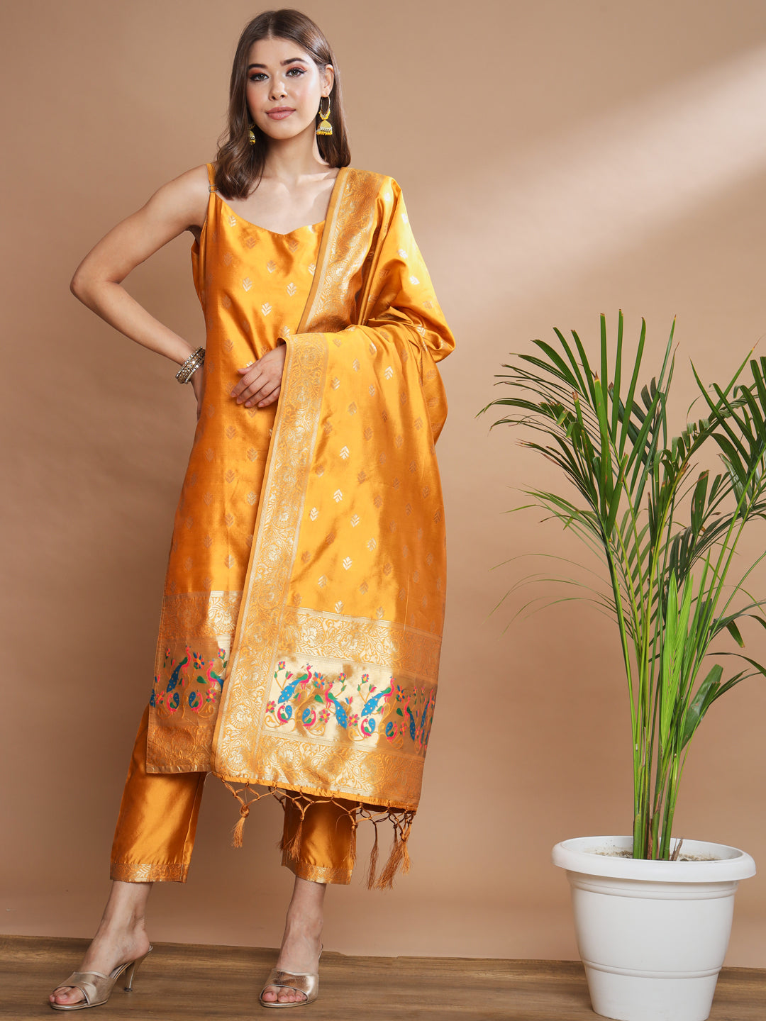 VredeVogel Ethnic Kurta with Trousers & Dupatta Set, Banarasi Silk Jacquard