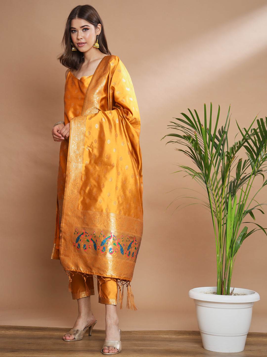 VredeVogel Ethnic Kurta with Trousers & Dupatta Set, Banarasi Silk Jacquard