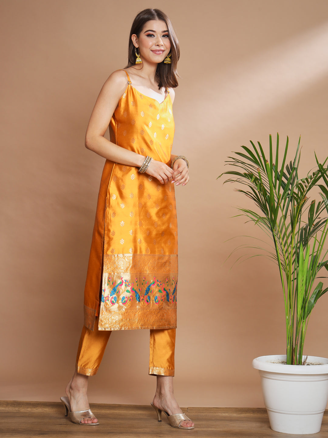 VredeVogel Ethnic Kurta with Trousers & Dupatta Set, Banarasi Silk Jacquard