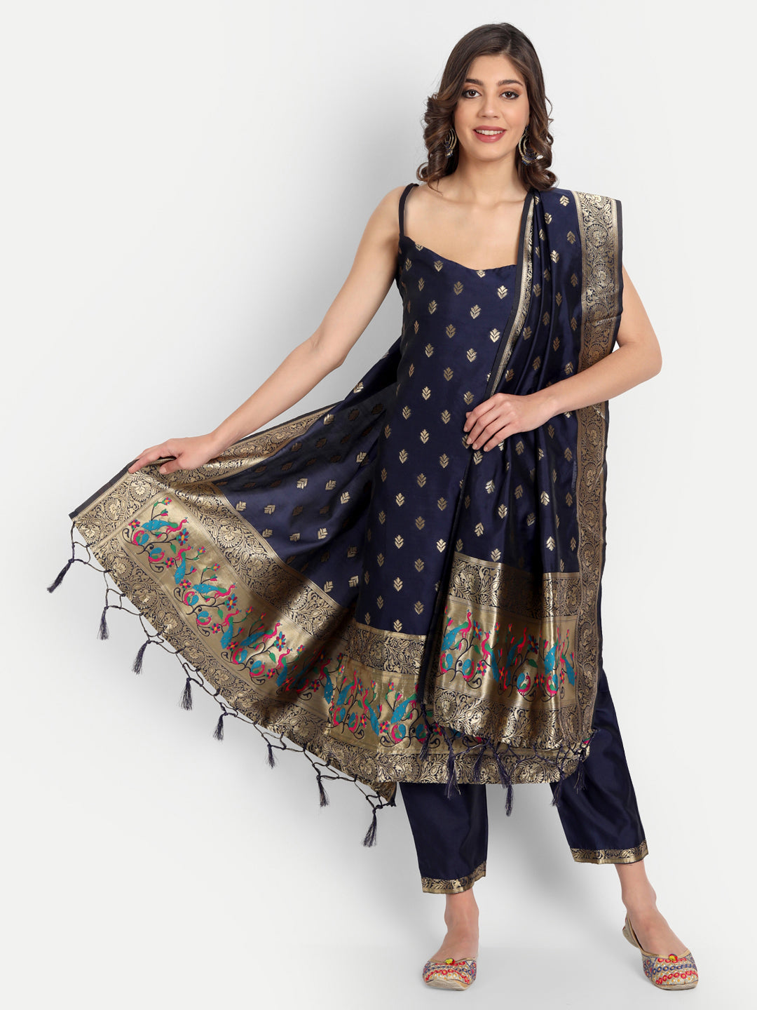 VredeVogel Ethnic Kurta with Trousers & Dupatta Set, Banarasi Silk Jacquard