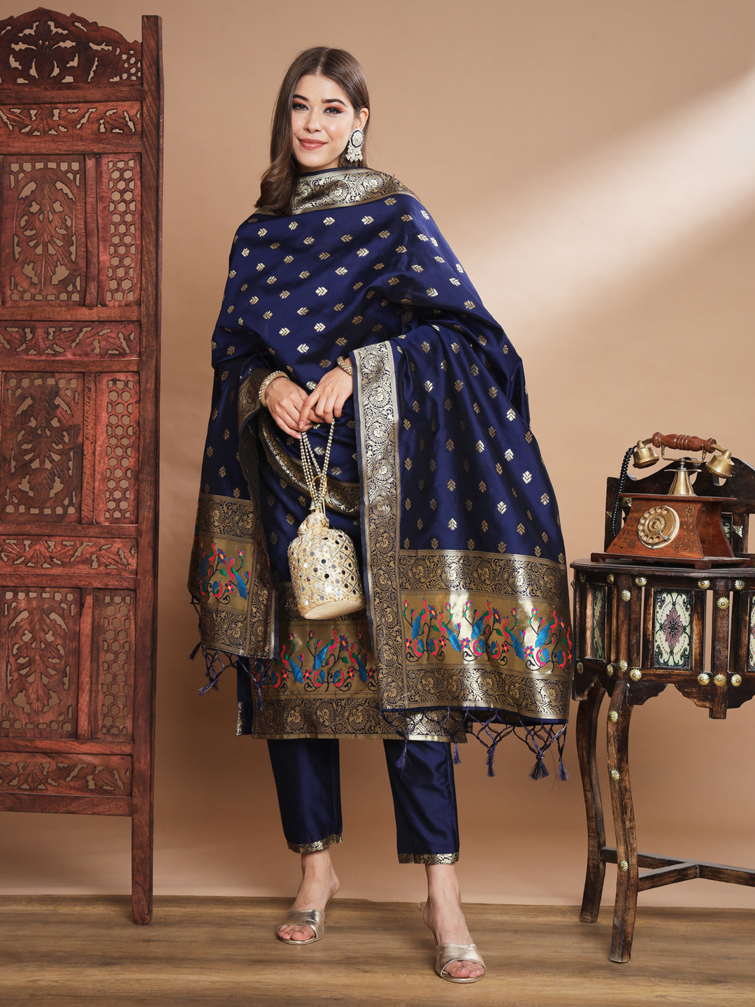 VredeVogel Ethnic Kurta with Trousers & Dupatta Set, Banarasi Silk Jacquard