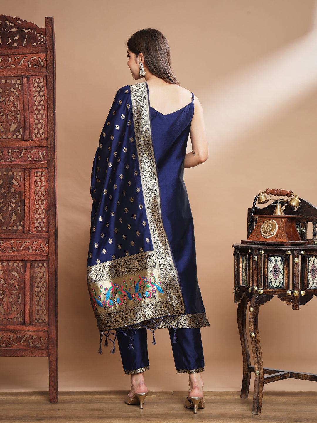 VredeVogel Ethnic Kurta with Trousers & Dupatta Set, Banarasi Silk Jacquard