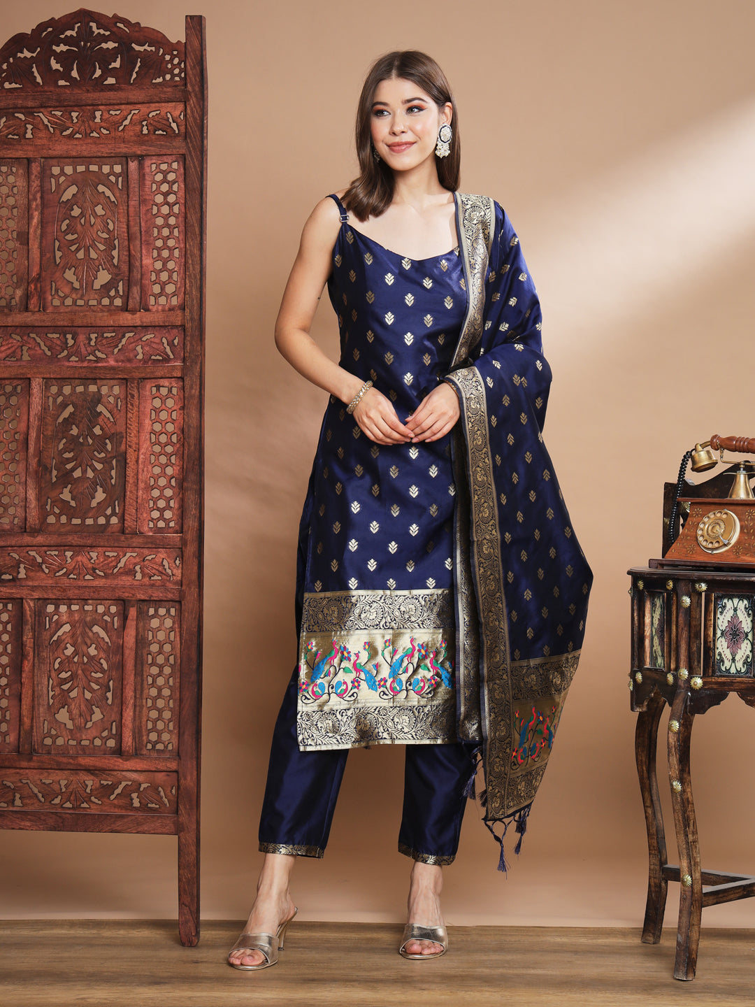VredeVogel Ethnic Kurta with Trousers & Dupatta Set, Banarasi Silk Jacquard